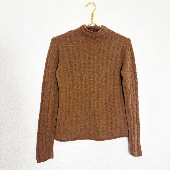 Theory Cable-Knit Mock Neck 100% Cashmere Sweater Size Medium Camel Tan Preppy - Picture 3 of 12
